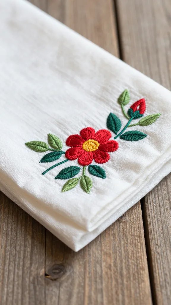 closeup of a folded, embroidered napkin on a wooden plank