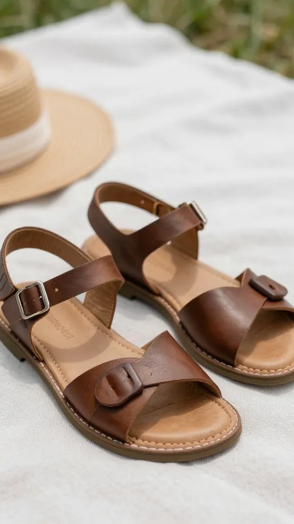 closeup of a relaxed pair of leather sandals beside a picnic setup