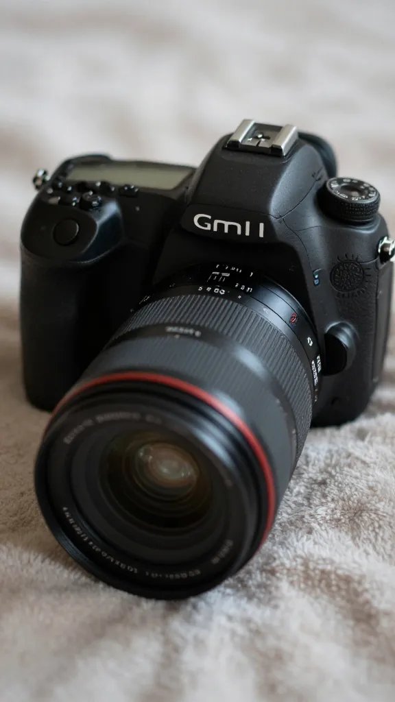 closeup of a single DSLR camera resting on a blanket
