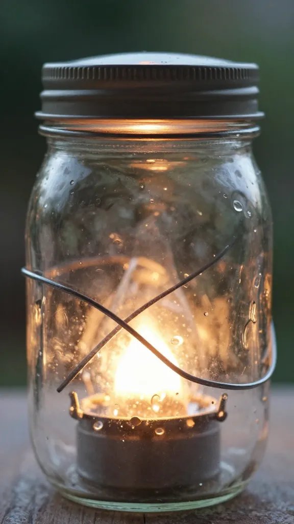 closeup of a mason jar lantern glowing softly at noon