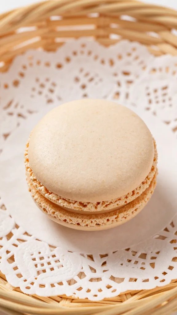 closeup of a single macaron on a lace doily by the basket