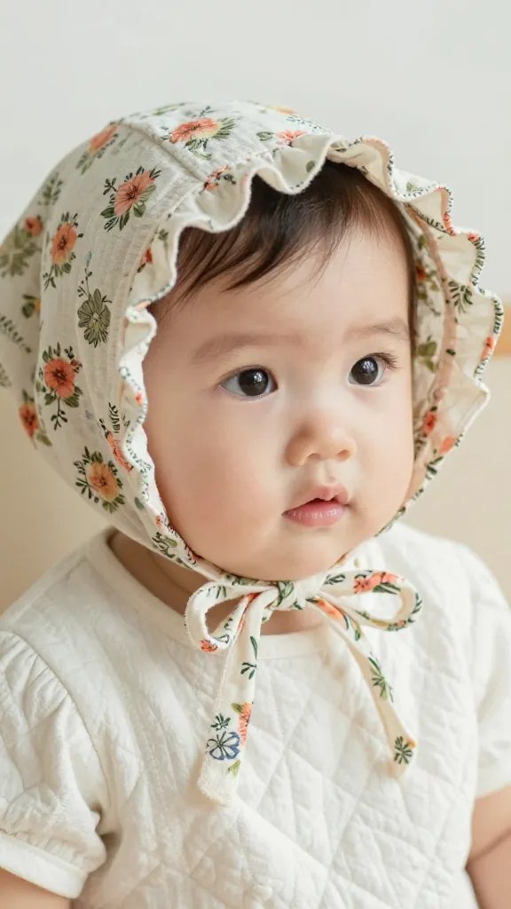 closeup portrait of a floral bonnet resting on quilted throw