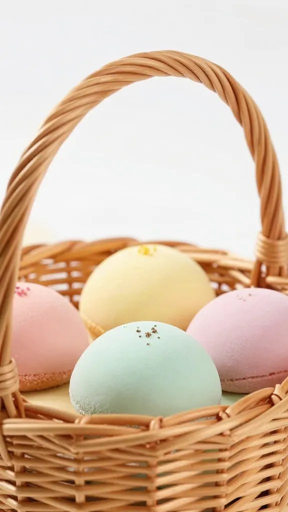 closeup of a wicker basket handle with pastel pastries