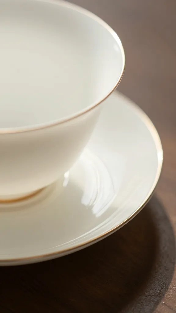 closeup of delicate teacup saucer with soft sunlight glow