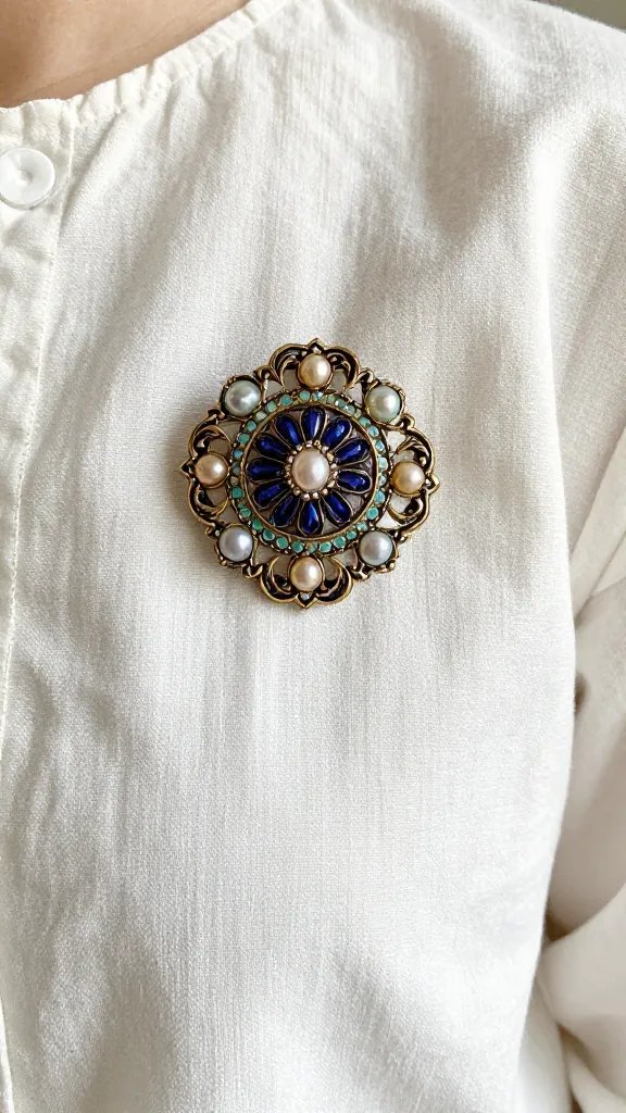 closeup of heirloom brooch pinned to pale linen blouse