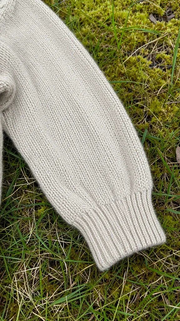 closeup of knitted cardigan sleeve along mossy grass