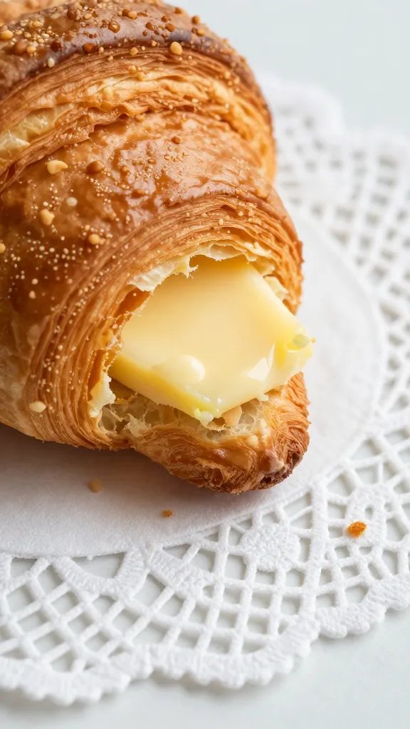 closeup of butter croissant crumb on lace napkin
