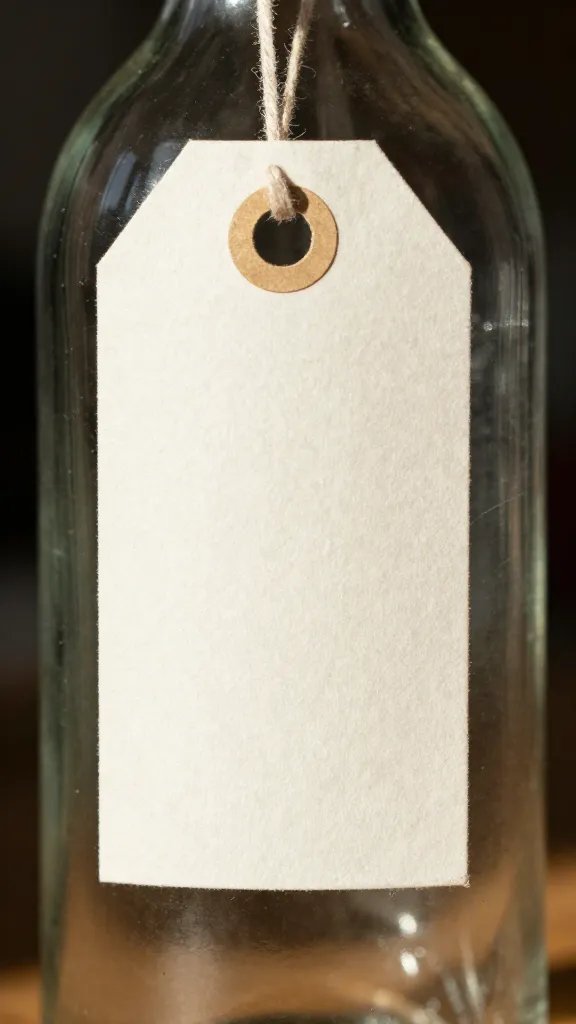 closeup of a glass bottle with handwritten tag in sunlight