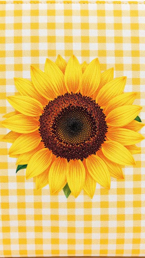 closeup of sunflower clutch purse against gingham fabric