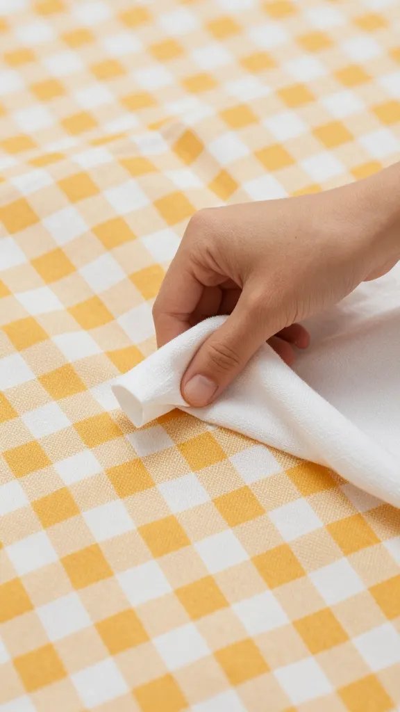 Closeup of a hand spreading cloth across a gingham picnic blanket