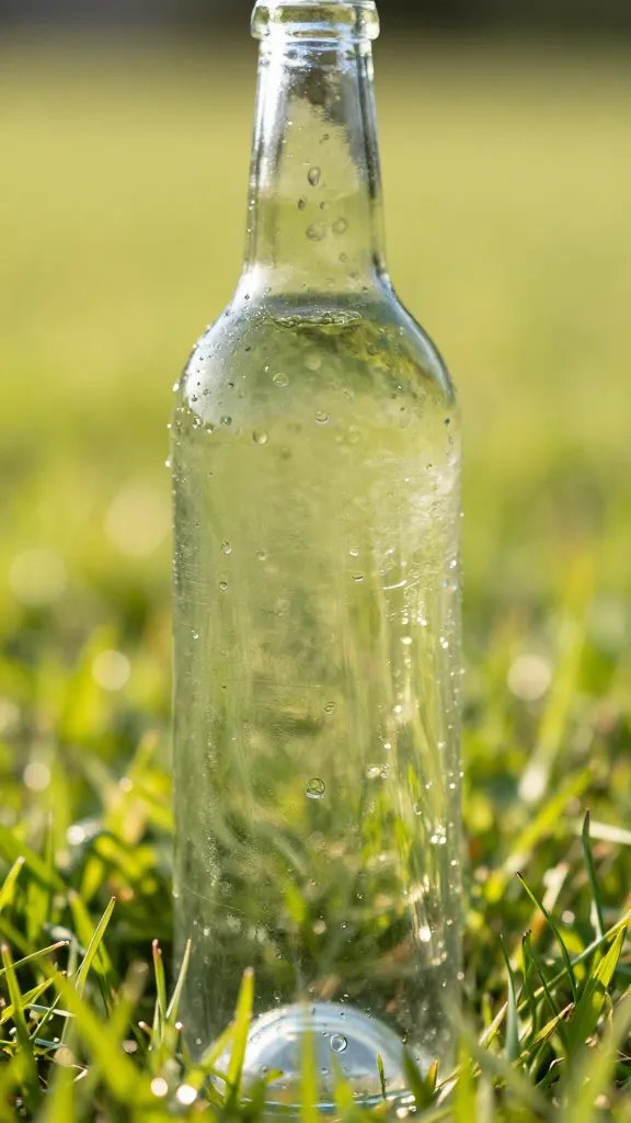 Closeup of a sunlit, single glass bottle with condensation on grass