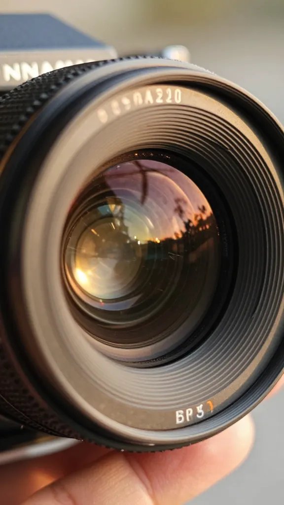 Closeup of a film camera lens catching warm afternoon light