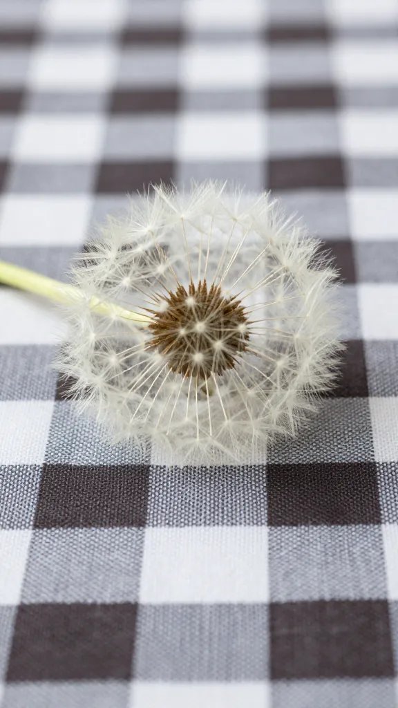 Closeup of a lone dandelion resting on a checkered cloth