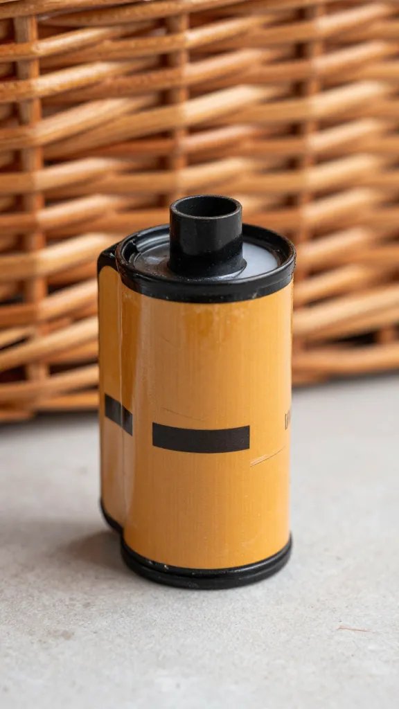 Closeup of a single vintage film canister against picnic basket weave
