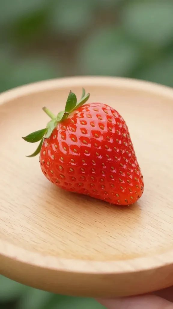 Closeup of a single strawberry on a wooden plate outdoors