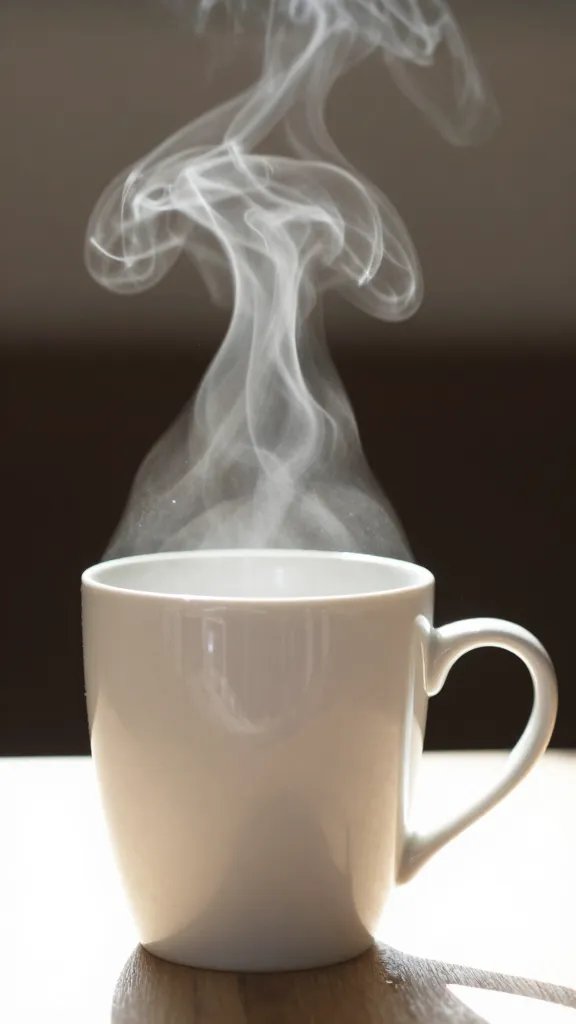 Closeup of a single coffee mug with steam in bright sun