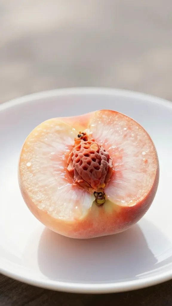 Closeup of a lone peach half on a picnic plate, backlit