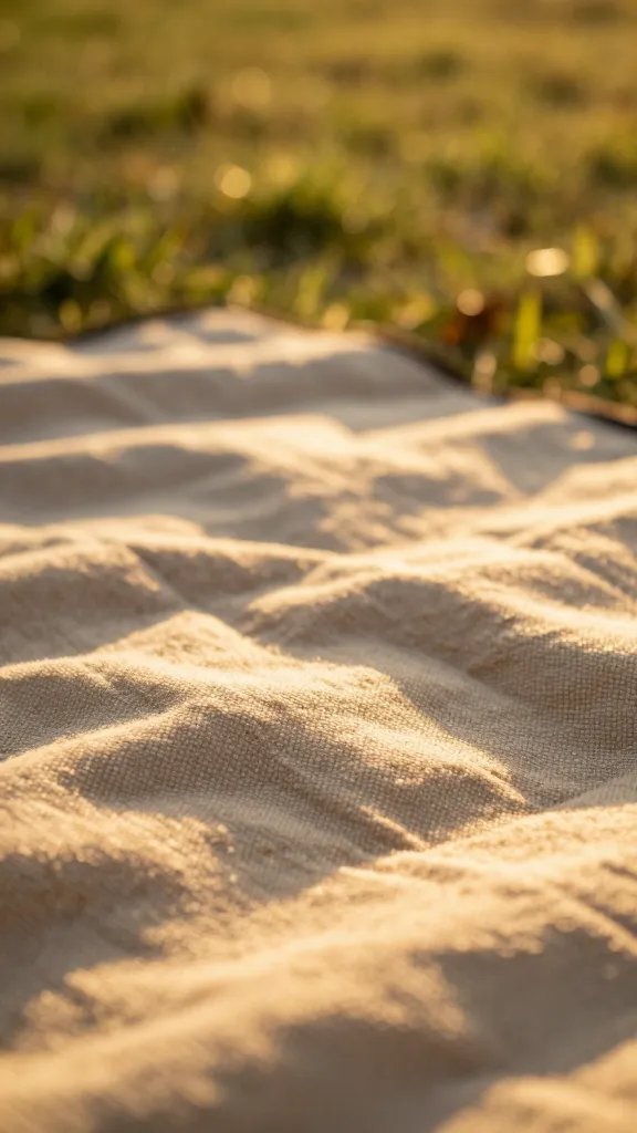 closeup of golden-hour picnic blanket texture in sunlit park