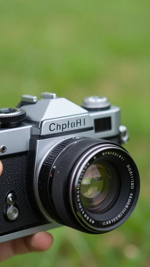 closeup of vintage film camera with bokeh grass background
