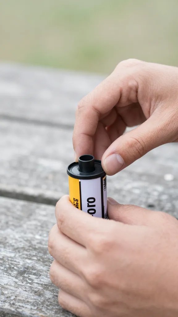closeup of hand loading film canister on picnic table