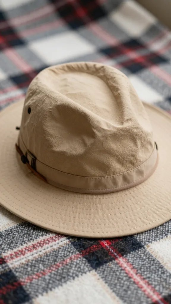 closeup of retro sun hat resting on plaid blanket