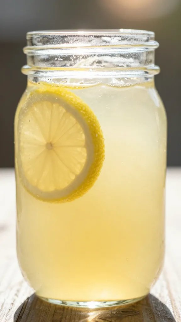 closeup of mason jar of lemonade with sun flare