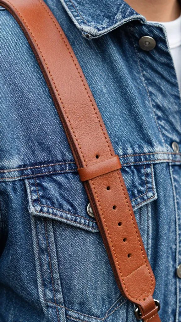 closeup of leather camera strap on denim jacket