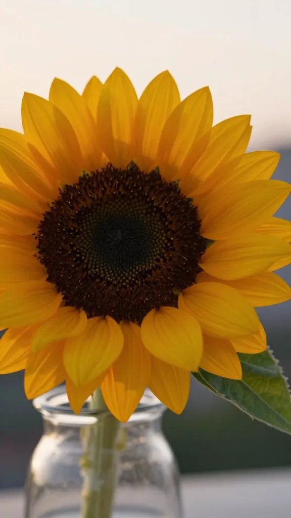 closeup of sunflower in glass vase with soft sunset light
