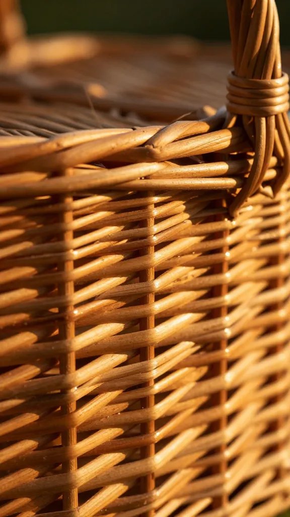 closeup of picnic basket weave with warm golden glow