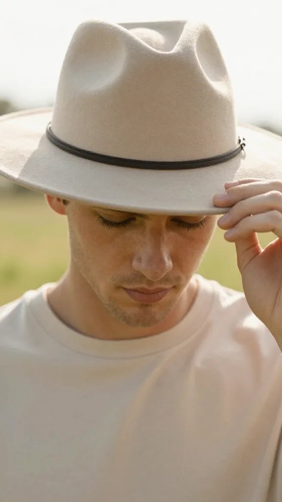 Closeup of a male model adjusting a wide-brim hat, soft meadow backlight