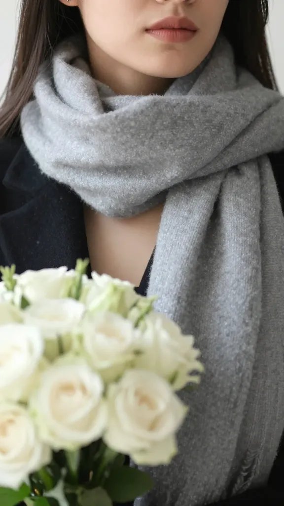Closeup of a model with flowing scarf, shallow focus on floral bouquet