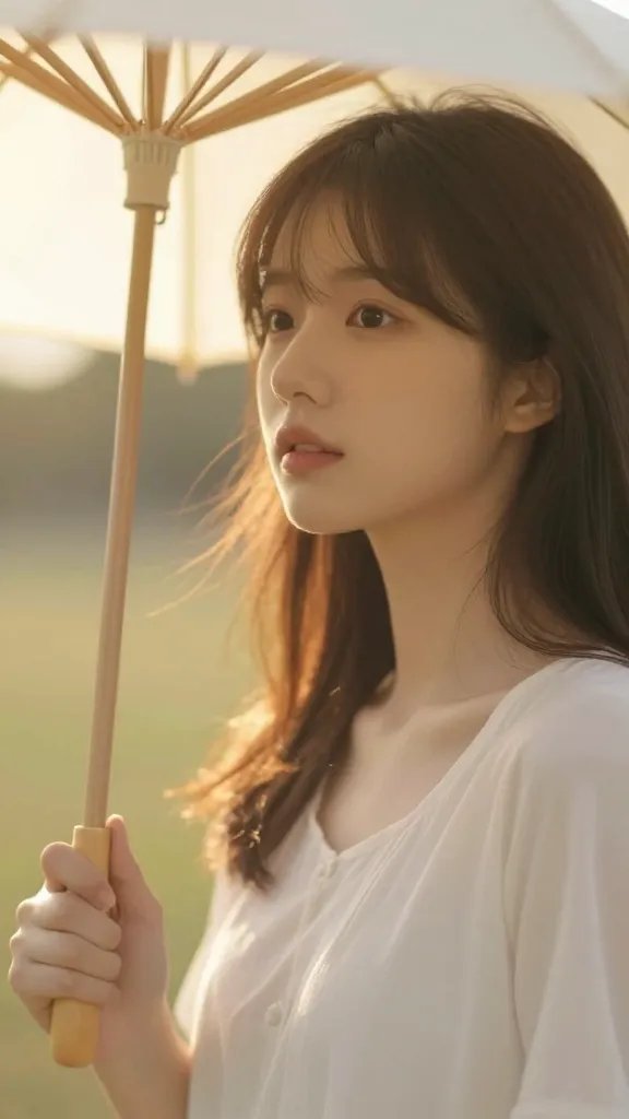 Closeup of a model with picnic parasol handle, hazy golden hour glow