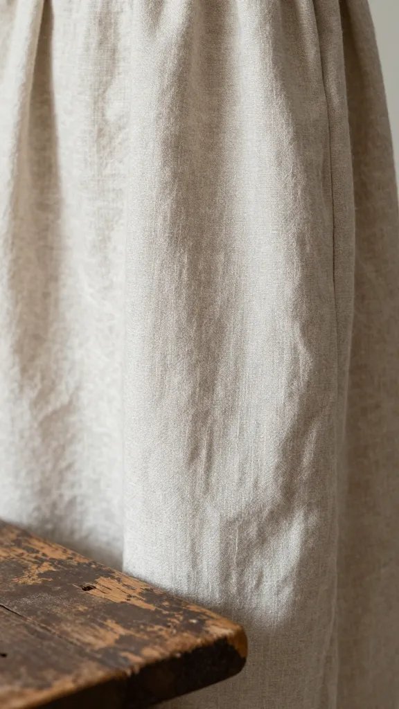 Closeup of a model in linen dress, weathered wooden table edge