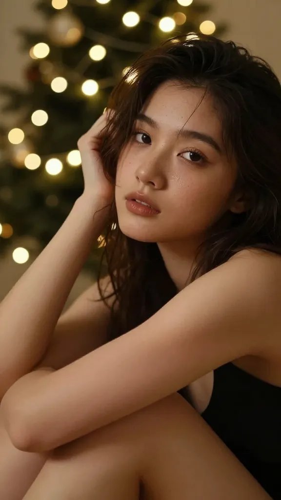 Closeup of a model with string lights bokeh behind, relaxed pose