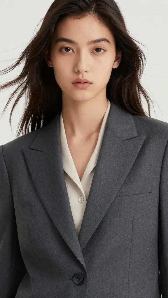 Closeup of a model in tailored suit, natural wind tousling hair