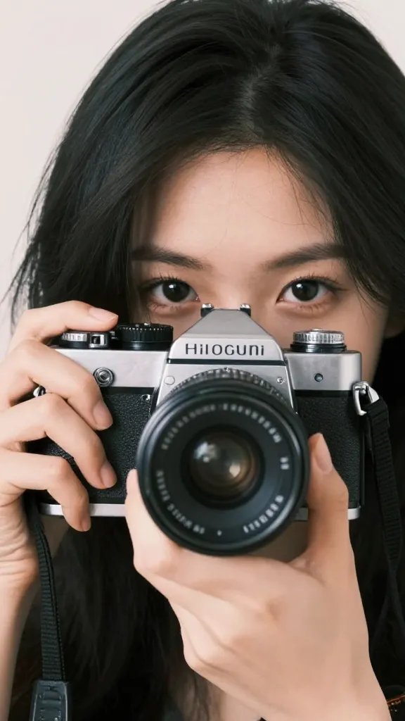 Closeup of a model with vintage camera, soft natural contrast