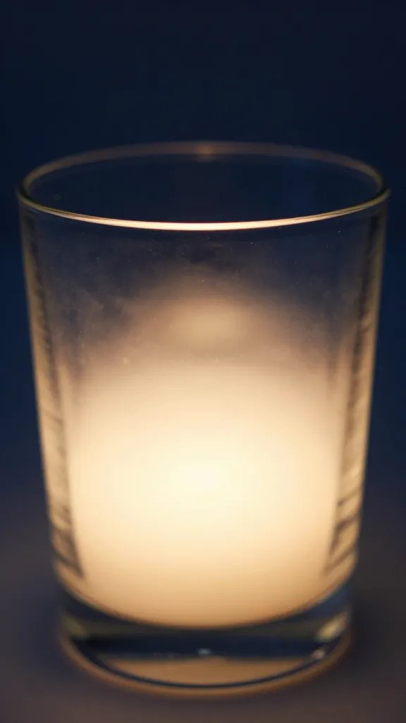 closeup of a single glass: warm glow, cool blue shadowed rim