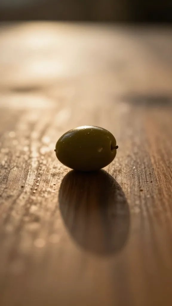 closeup of a lone olive on wooden table under moody golden-hour light