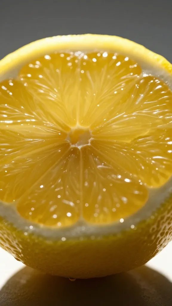 closeup of a single lemon half with dramatic backlighting and grain