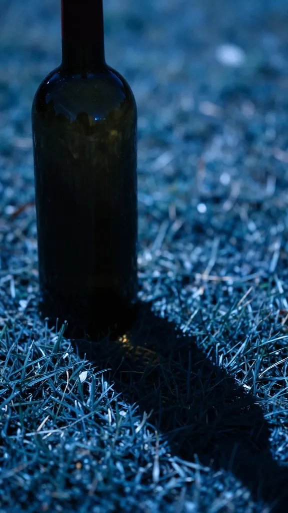 closeup of a lone wine bottle casting deep blue shadows on grass