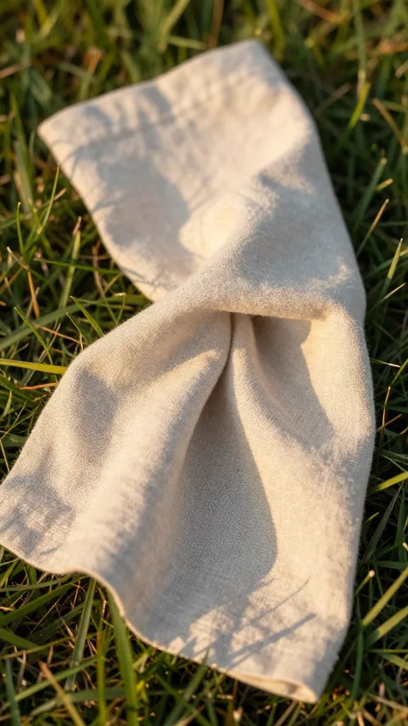closeup of a single linen napkin draped on grass at golden hour