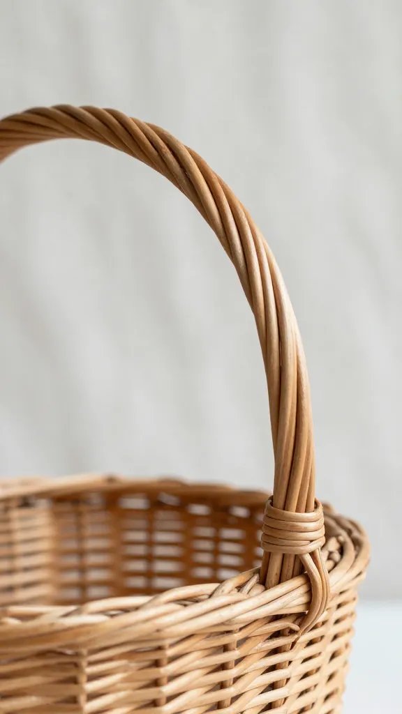 closeup of a lone wicker basket handle against soft linen backdrop