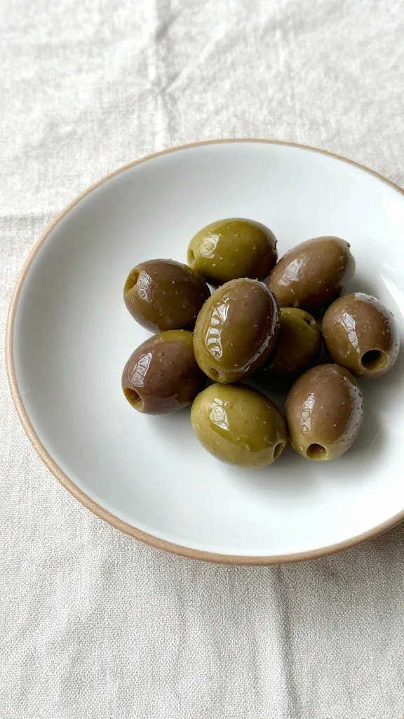 closeup of a single ceramic plate with olives on linen tablecloth