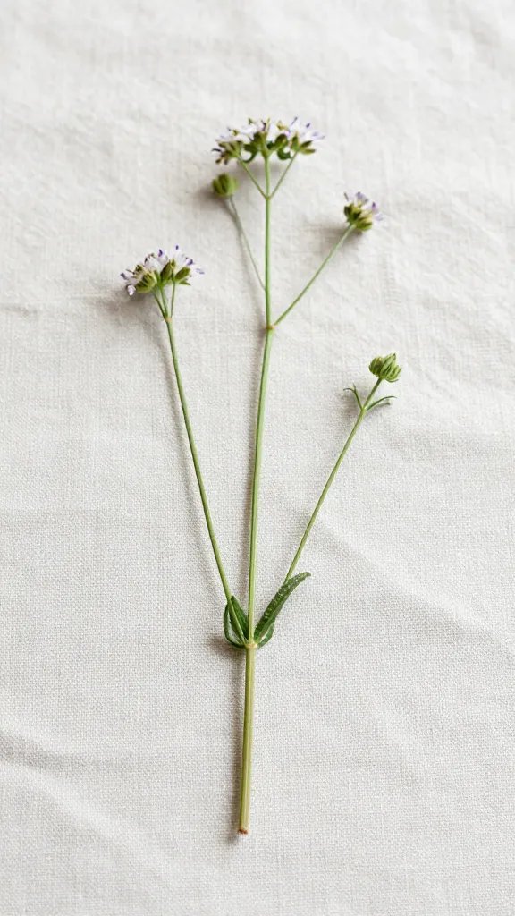 closeup of a single sprig of wildflowers resting on linen fabric