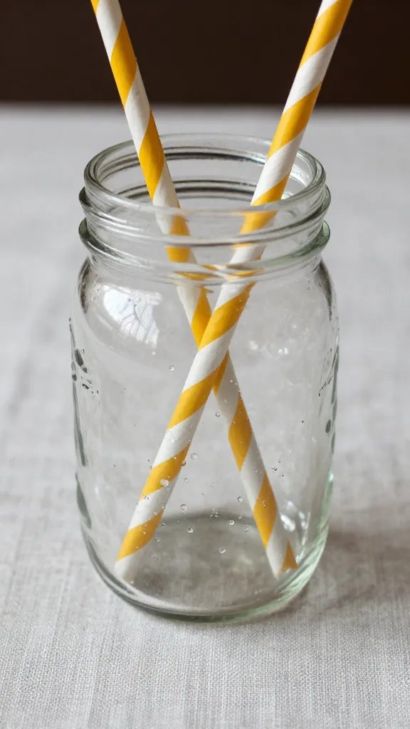 closeup of a single mason jar with striped straw on linen placemat