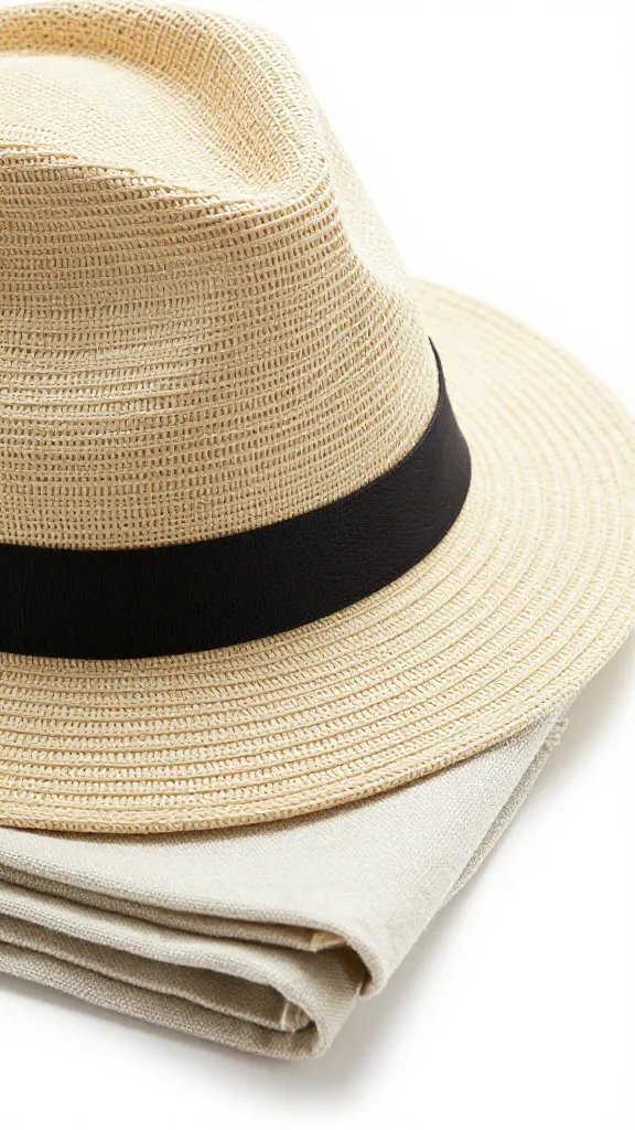 closeup of a single sunhat perched on folded linen napkins
