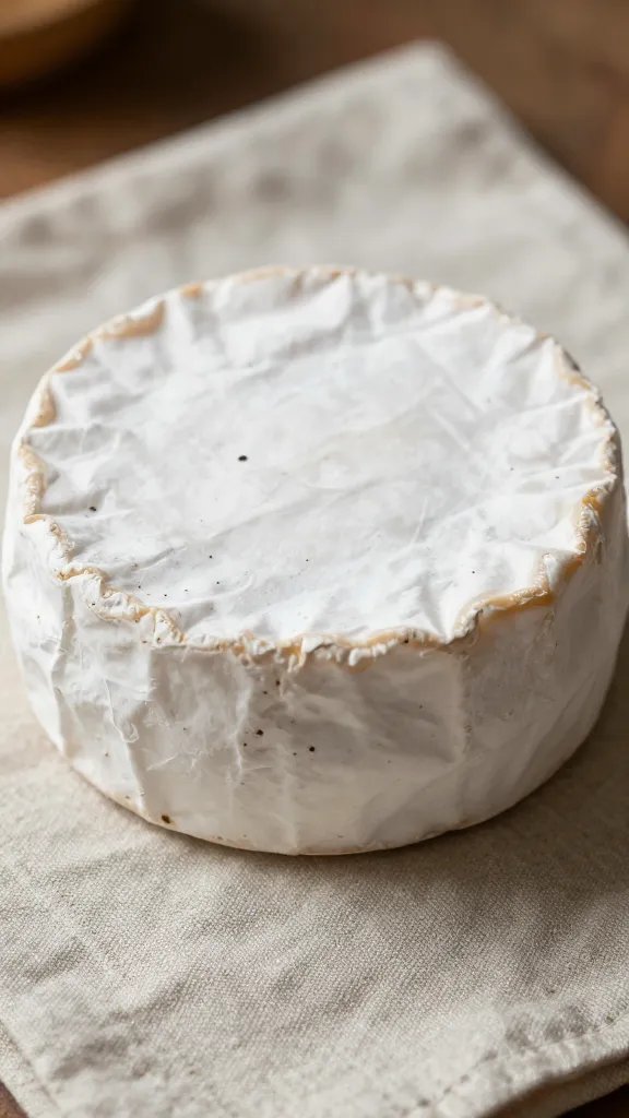closeup of a lone cheese wheel on linen cheese board