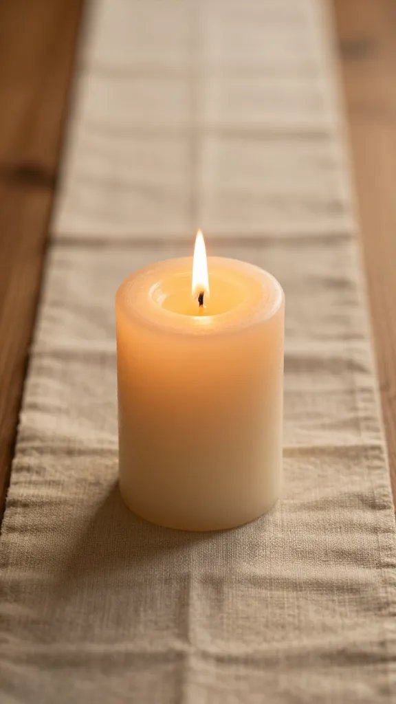 closeup of a single candle flaming on linen runner at golden hour