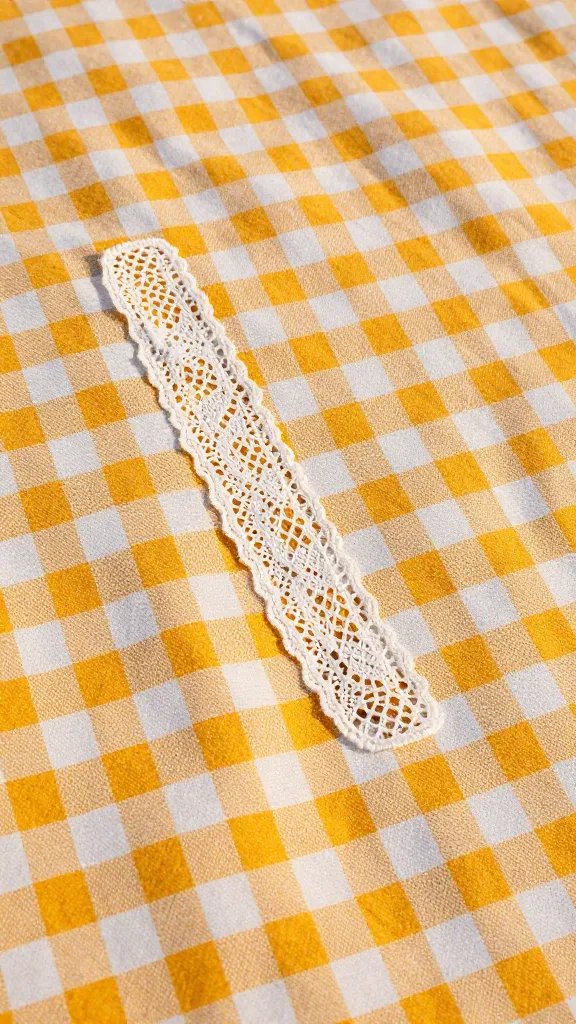 closeup of vintage gingham picnic blanket with sunlit lace edge