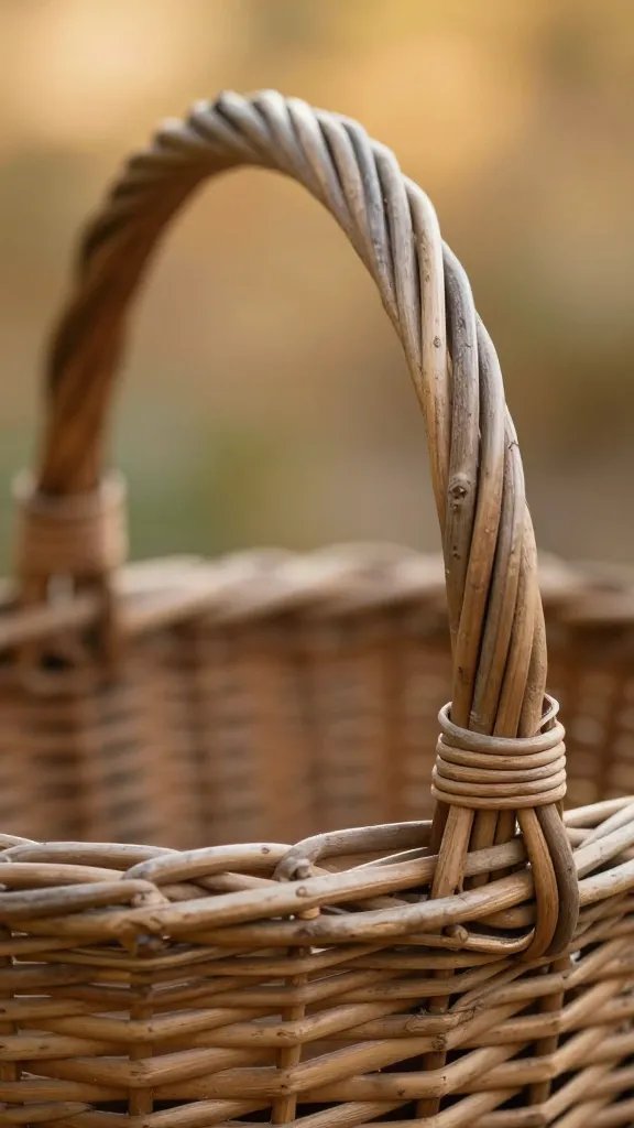 closeup of aged wicker basket handle with warm bokeh background